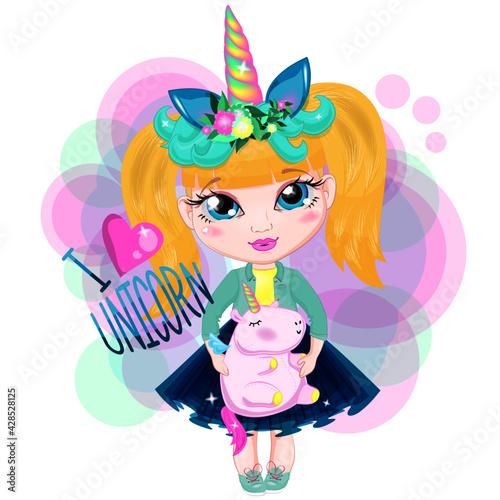 Little girl with a rainbow unicorn horn and a wreath of flowers. Cute baby in a fluffy skirt and jacket holding a toy unicorn