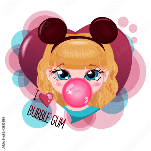 Cute little girl with blond curly hair, pink bubble gum bubble. Heart-shaped portrait of a beautiful girl in a headband with mouse ears