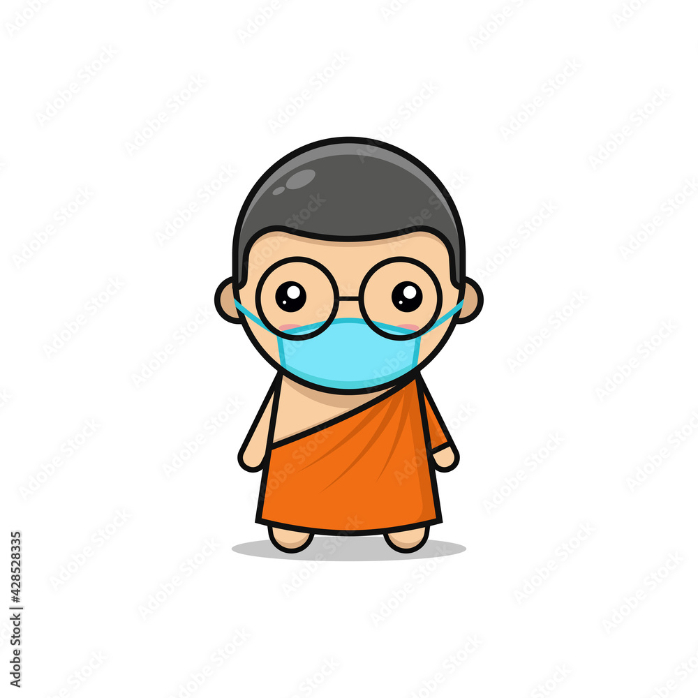 Kawaii illustration monk wearing medical face mask vector graphics