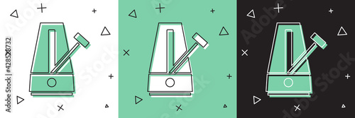 Set Classic Metronome with pendulum in motion icon isolated on white and green, black background. Equipment of music and beat mechanism. Vector