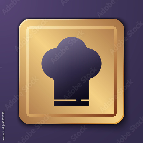 Purple Chef hat icon isolated on purple background. Cooking symbol. Cooks hat. Gold square button. Vector