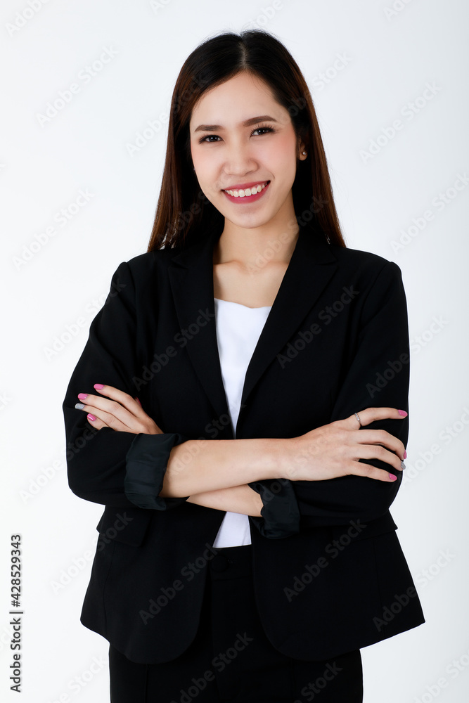 Portrait of an asian beautiful business woman with long hair wearing formal  black suit, smiling with confidence isolated white background. Stock Photo  | Adobe Stock