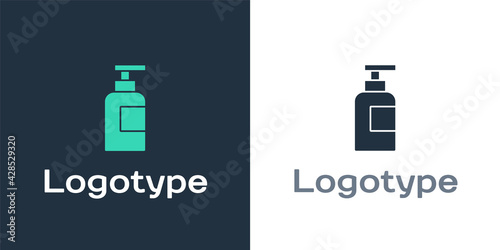 Logotype Bottle of shampoo icon isolated on white background. Logo design template element. Vector