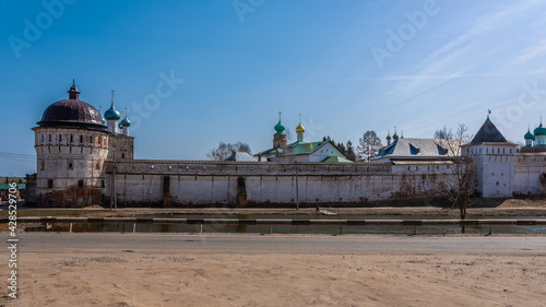 View of the ancient walls and temples of the Borisoglebsky Monastery, located in the Yaroslavl region of Russia.