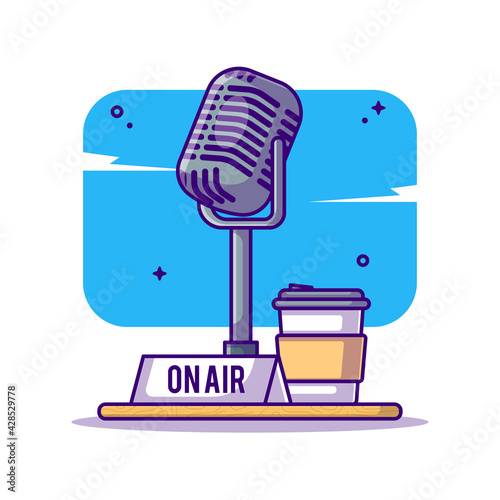 On Air Podcast and Microphone Vector Cartoon Illustration. Podcast Icon Concept White Isolated. Flat Cartoon Style Suitable for Web Landing Page, Banner, Sticker, and Background