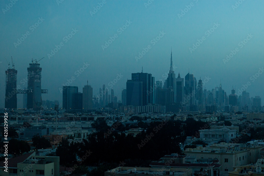 city panorama with many skyscrapers at dusk. Skyline. Modern buildings in the metropolis