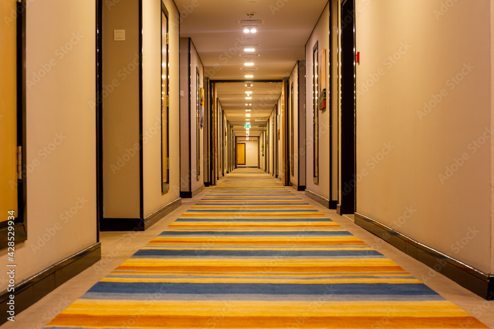interior of the hotel is a long corridor with a striped walkway.