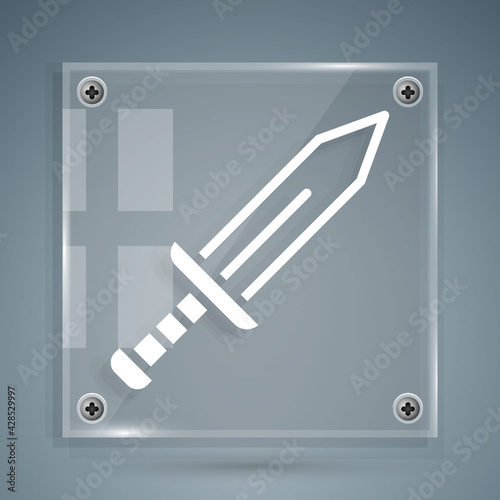 White Sword icon isolated on grey background. Medieval weapon. Square glass panels. Vector
