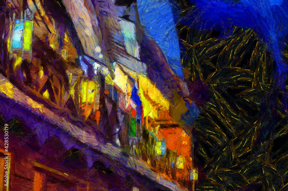 Fototapeta premium Landscape of the market at night, community market along the Mekong River Illustrations creates an impressionist style of painting.