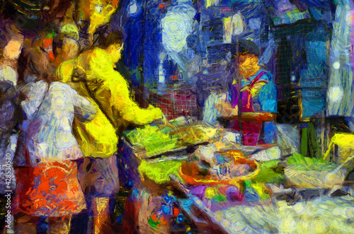 Landscape of the market at night  community market along the Mekong River Illustrations creates an impressionist style of painting.