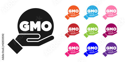 Black GMO icon isolated on white background. Genetically modified organism acronym. Dna food modification. Set icons colorful. Vector