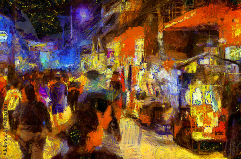 Naklejka Landscape of the market at night, community market along the Mekong River Illustrations creates an impressionist style of painting.