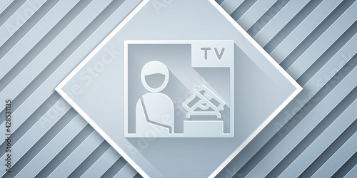 Paper cut Television advertising weapon icon isolated on grey background. Police or military handgun. Small firearm. Paper art style. Vector