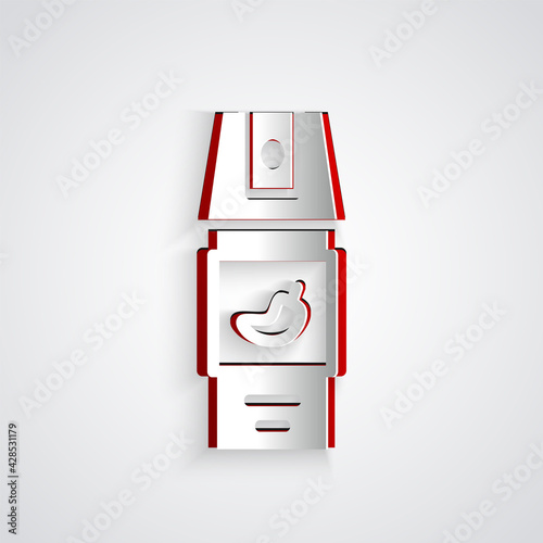 Paper cut Pepper spray icon isolated on grey background. OC gas. Capsicum self defense aerosol. Paper art style. Vector