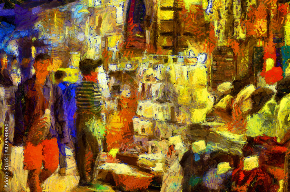 Fototapeta premium Landscape of the market at night, community market along the Mekong River Illustrations creates an impressionist style of painting.