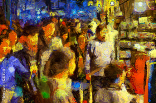 Landscape of the market at night  community market along the Mekong River Illustrations creates an impressionist style of painting.