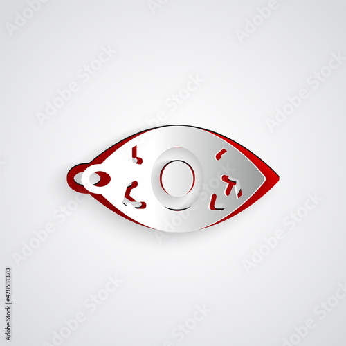 Paper cut Reddish eye due to viral, bacterial or allergic conjunctivitis icon isolated on grey background. Paper art style. Vector