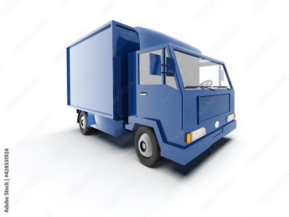 Blue Toy Commercial Delivery Truck on a White Background Blue Toy Commercial Delivery Truck on a White Background