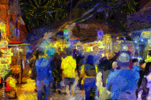 Landscape of the market at night  community market along the Mekong River Illustrations creates an impressionist style of painting.