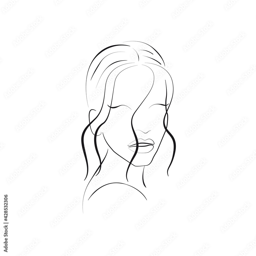 Trendy Line Art Woman Drawing. Minimalistic Black Lines Drawing. Female Face Continuous One Line Abstract Illustration. Modern Scandinavian Design. Vector EPS 10