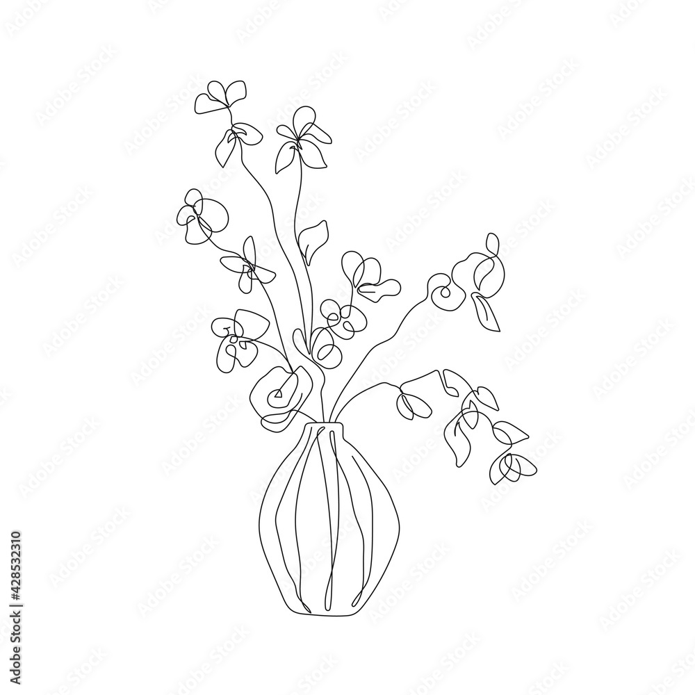Vase with Flowers One Line Drawing. Hand Drawn Minimalism Style of