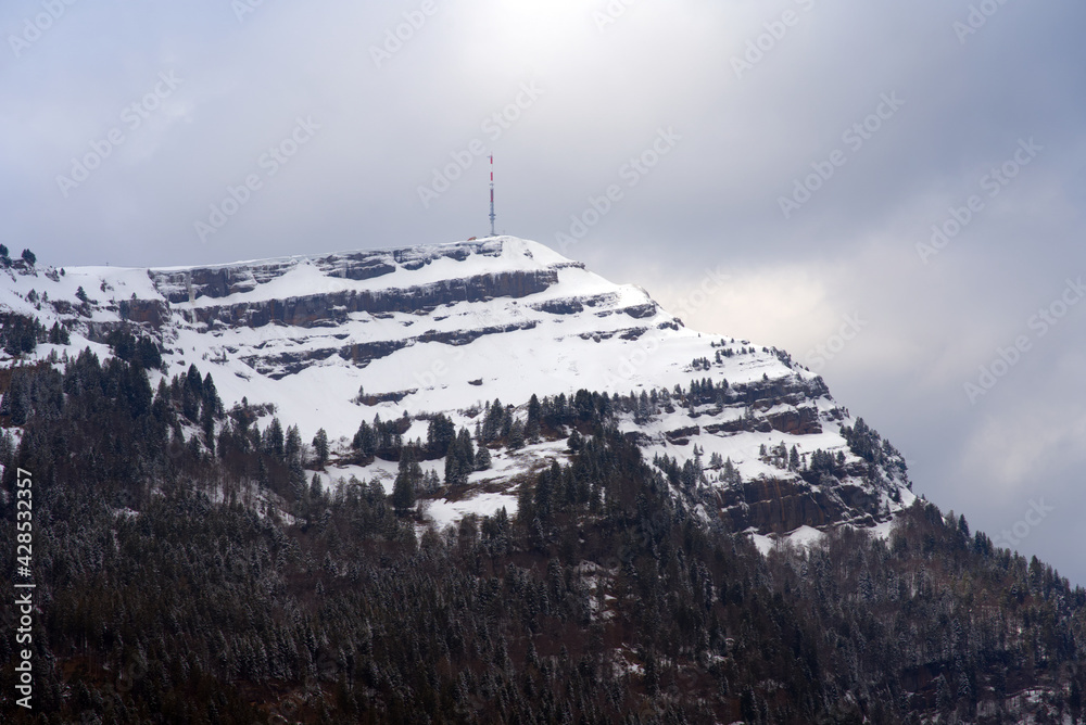 Mount Rigi seen from railway station Arth-Goldau. Photo taken April 14th, 2021, Arth-Goldau, Switzerland.