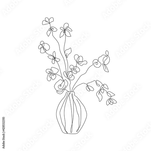 Vase with Flowers One Line Drawing. Hand Drawn Minimalism Style of Simple Flowers Line Art Drawing. Vector EPS 10