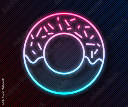 Glowing neon line Donut with sweet glaze icon isolated on black background. Vector Illustration