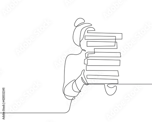 Woman with Books Line Art Drawing. Minimalistic Black Lines Drawing. Female Reading Continuous One Line Abstract Drawing. Modern Scandinavian Design. Vector Illustration.