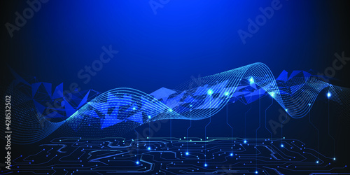 Digital tech landscape with wave dot connecting net hi tech abstract blue futuristic technology background.Vector illustrations.