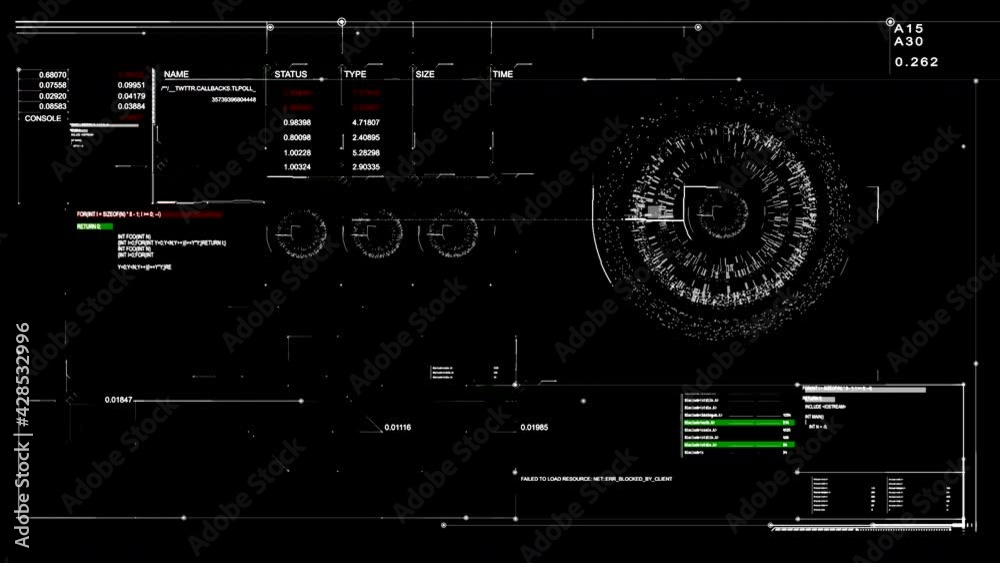 HUD infographic element over black background. Technological pattern. Good for tech video overlay. As HUD infographic material texture for 3D models animation.