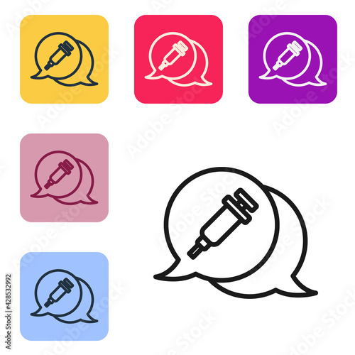 Black line Addiction to the drug icon isolated on white background. Heroin, narcotic, addiction, illegal. Sick junkie with a syringe and medical pills. Set icons in color square buttons. Vector
