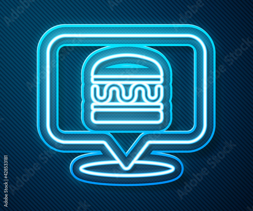 Glowing neon line Online ordering and burger delivery icon isolated on blue background. Vector