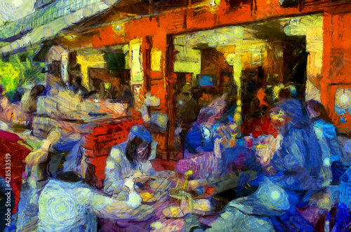 Morning market landscape, community market along the Mekong River Illustrations creates an impressionist style of painting.