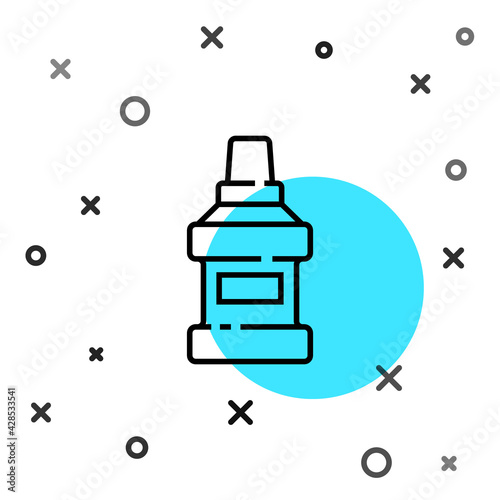 Black line Mouthwash plastic bottle icon isolated on white background. Liquid for rinsing mouth. Oralcare equipment. Random dynamic shapes. Vector