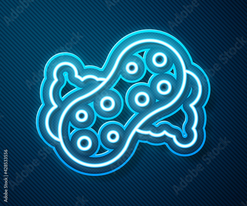 Glowing neon line Sponge with bubbles icon isolated on blue background. Wisp of bast for washing dishes. Cleaning service logo. Vector