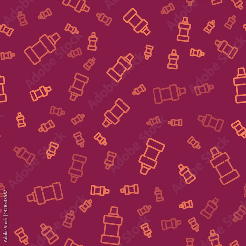 Brown line Plastic bottle for laundry detergent, bleach, dishwashing liquid or another cleaning agent icon isolated seamless pattern on red background. Vector