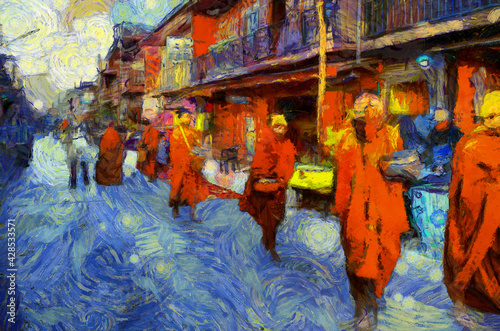 Morning market landscape, community market along the Mekong River Illustrations creates an impressionist style of painting. © Kittipong