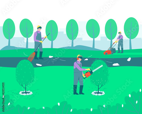 Gardening handyman cleaning the park. With the help of a broom, the gardener sweeps up small debris. Mowing grass and cutting bush trees with a brush cutter. Flat vector illustration.