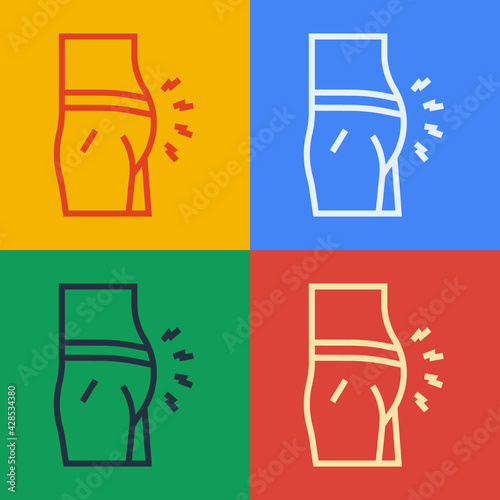 Pop art line Abdominal bloating icon isolated on color background. Constipation or diarrhea. Vector