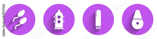 Set Sperm, Condom, Dildo vibrator and Dildo vibrator icon with long shadow. Vector