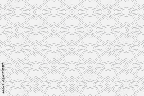 Volumetric convex white background. 3D relief geometric pattern with intertwining lines and shapes. Ornament texture with ethnic minimalist elements for design and decor. 