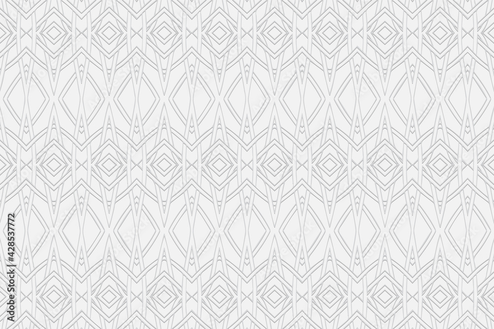 Volumetric convex white background 3D relief geometric pattern with intertwining lines and shapes Modern original ornament texture with ethnic minimalist elements for design.