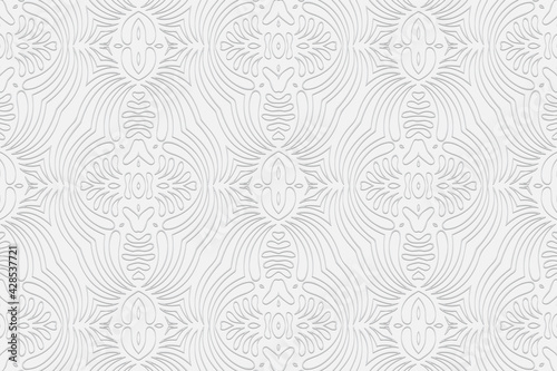 Volumetric convex white background. 3d embossed geometric graceful pattern with intertwining thin lines and abstract shapes. Ethnic minimalist elements for design and decor. 