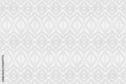 Volumetric convex white background 3D relief geometric pattern with intertwining lines and shapes Modern original ornament texture with ethnic minimalist elements for design.