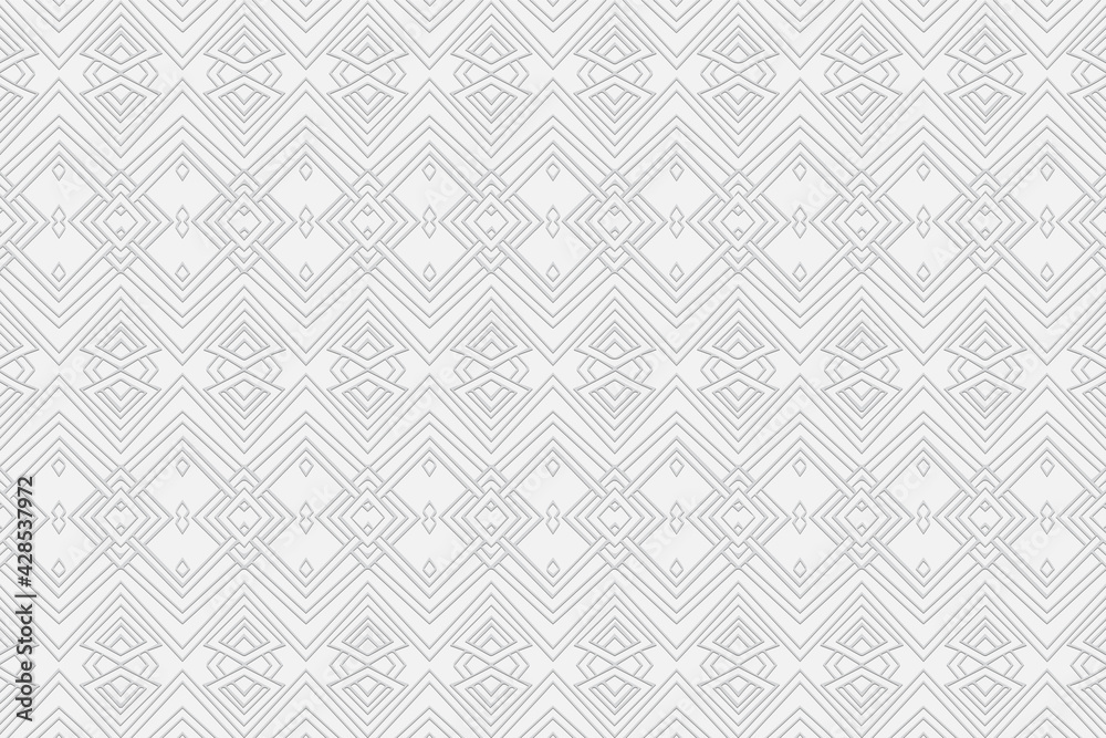 Volumetric convex white background. 3d embossed geometric pattern with intertwining lines and shapes. Ethnic minimalistic elements. Beautiful ornament. 