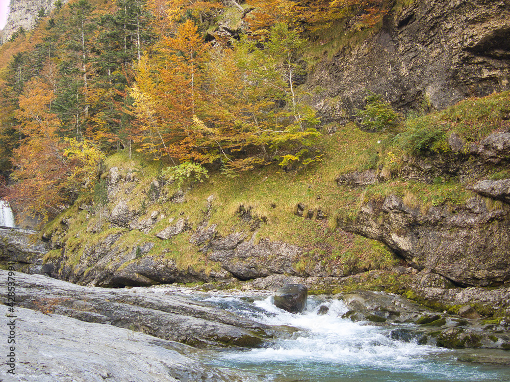 views of mountains, forests, waterfalls and natural pools in the Ordesa y Monte Perdido National Park, located in the Aragonese Pyrenees. in the province of Huesca, Spain