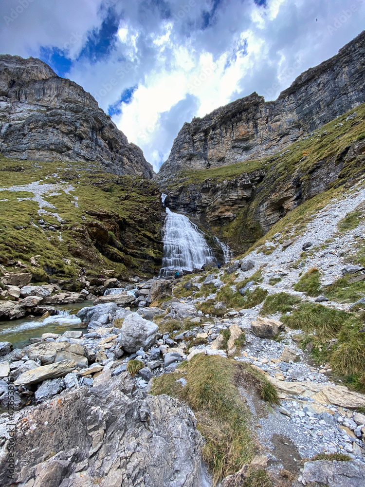 views of mountains, forests, waterfalls and natural pools in the Ordesa y Monte Perdido National Park, located in the Aragonese Pyrenees. in the province of Huesca, Spain