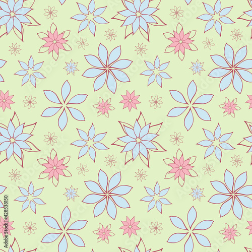 Abstract fantasy flowers seamless pattern background. Stylized geometric floral motifs endless texture. Simplified editable repeating surface design. Flat boundless ornament for wrapping paper