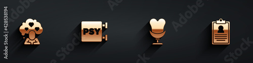 Set Broken heart or divorce, Psychology, Psi, Armchair and Medical clipboard icon with long shadow. Vector